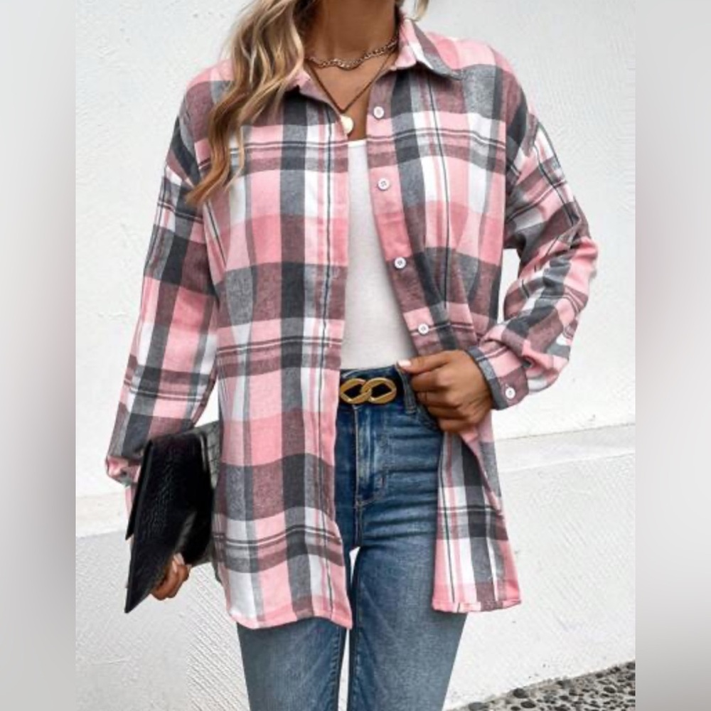 Boutique preppy Plaid Pink and grey button down flannel Top size 2XL